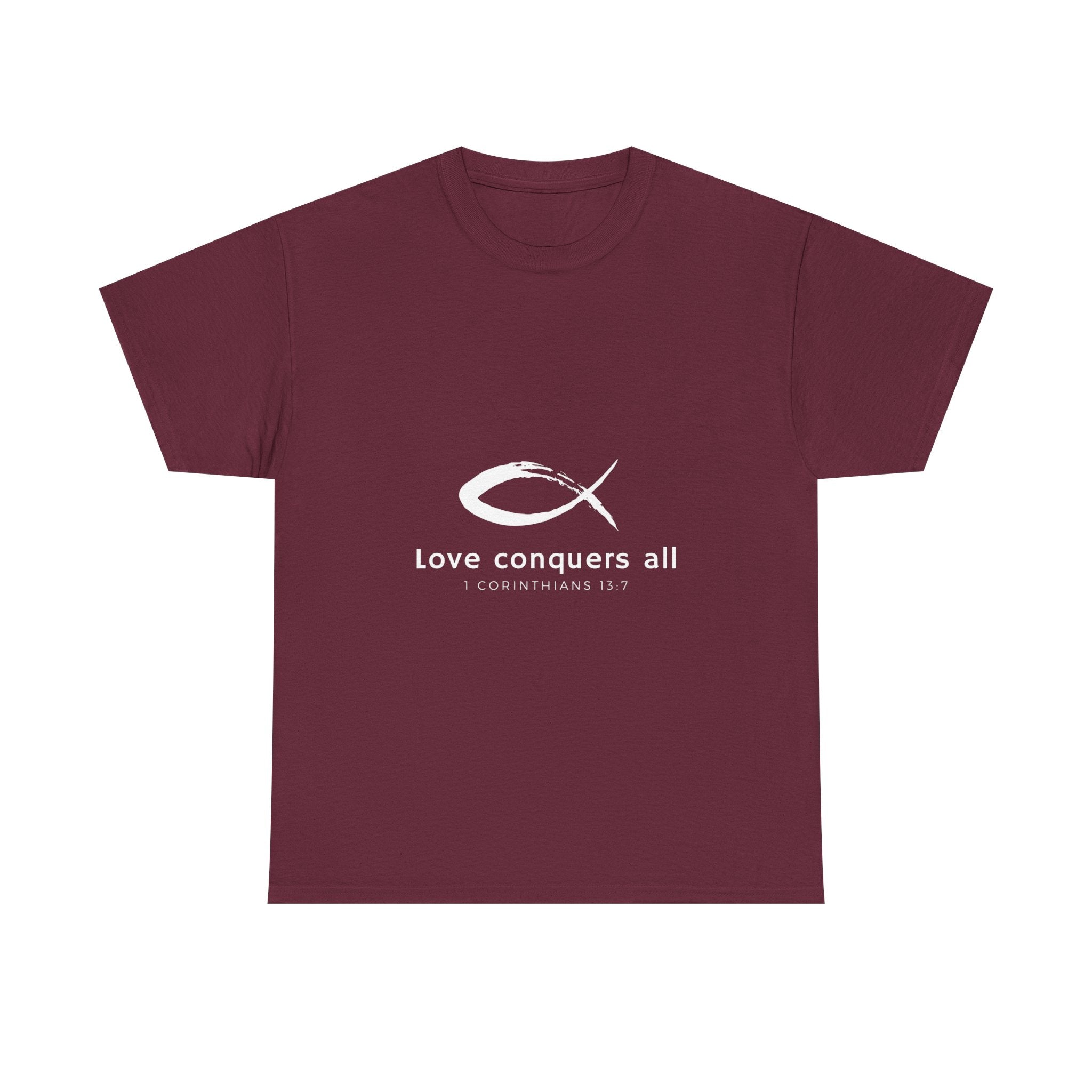 Love Conquers All Unisex Heavy Cotton Tee - Inspirational Christian Quote T-Shirt