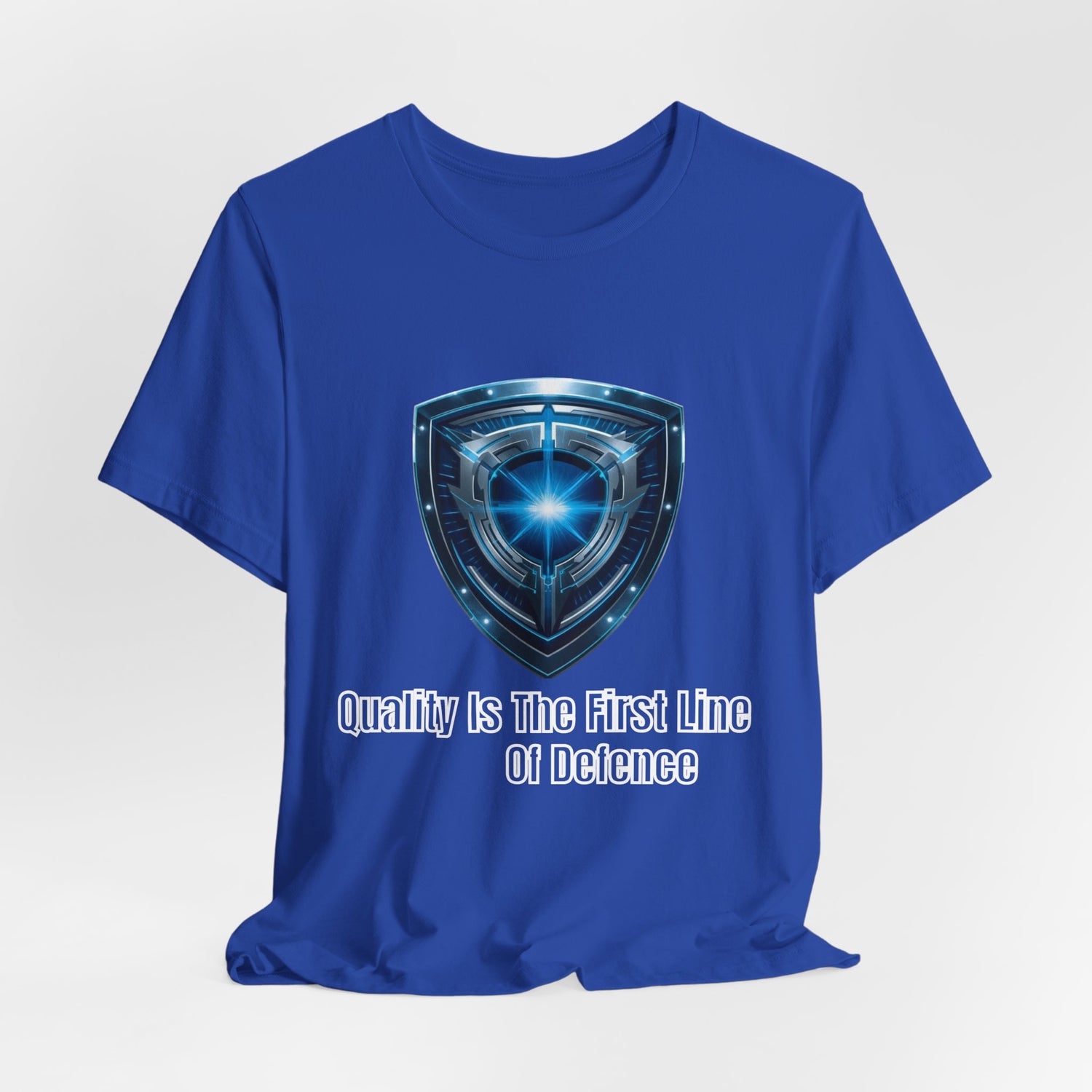 Shield Logo Tee — "Quality Is The First Line Of Defence" Security T‑Shirt