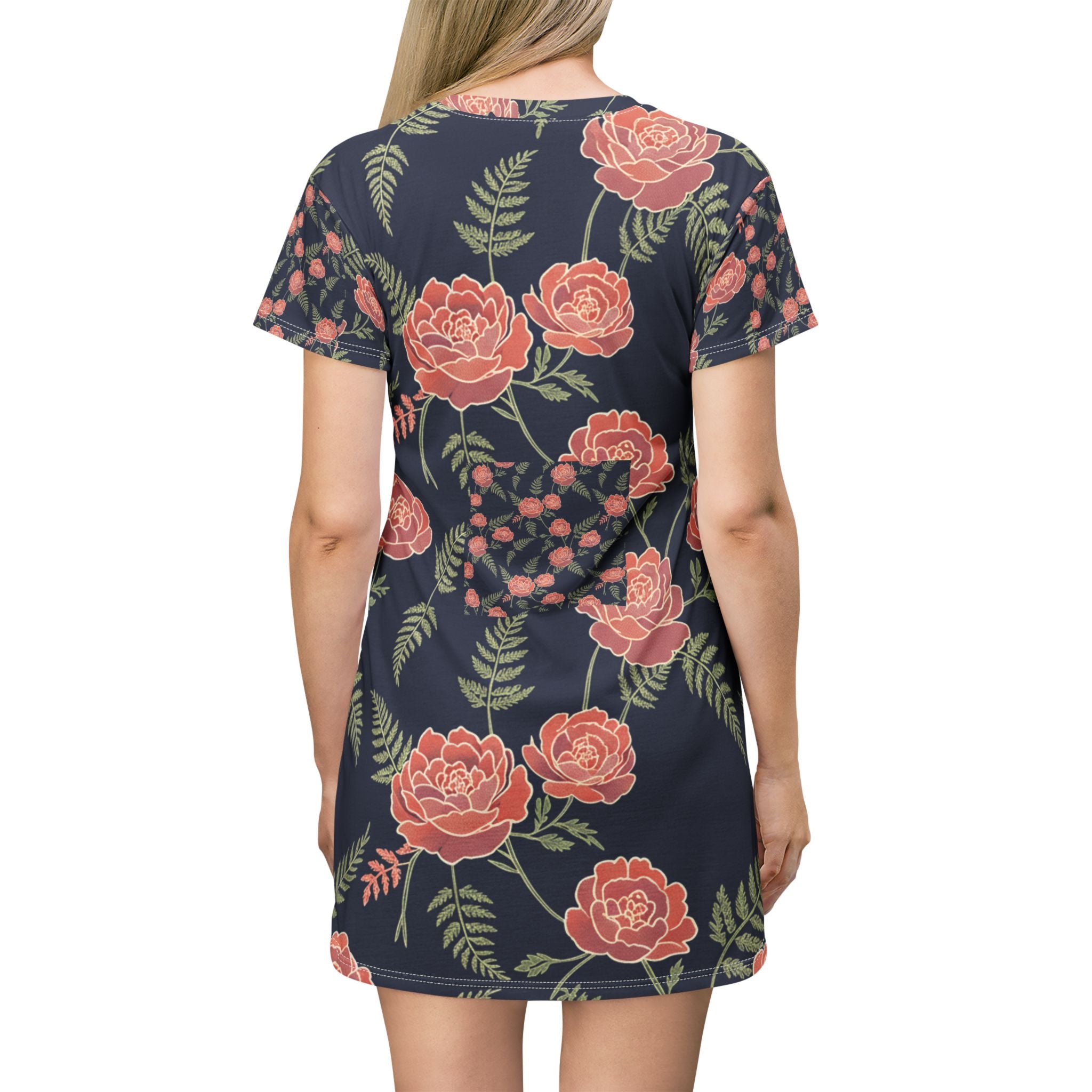 Floral Navy A-Line T-Shirt Dress – Coral Roses &amp; Ferns All-Over Print