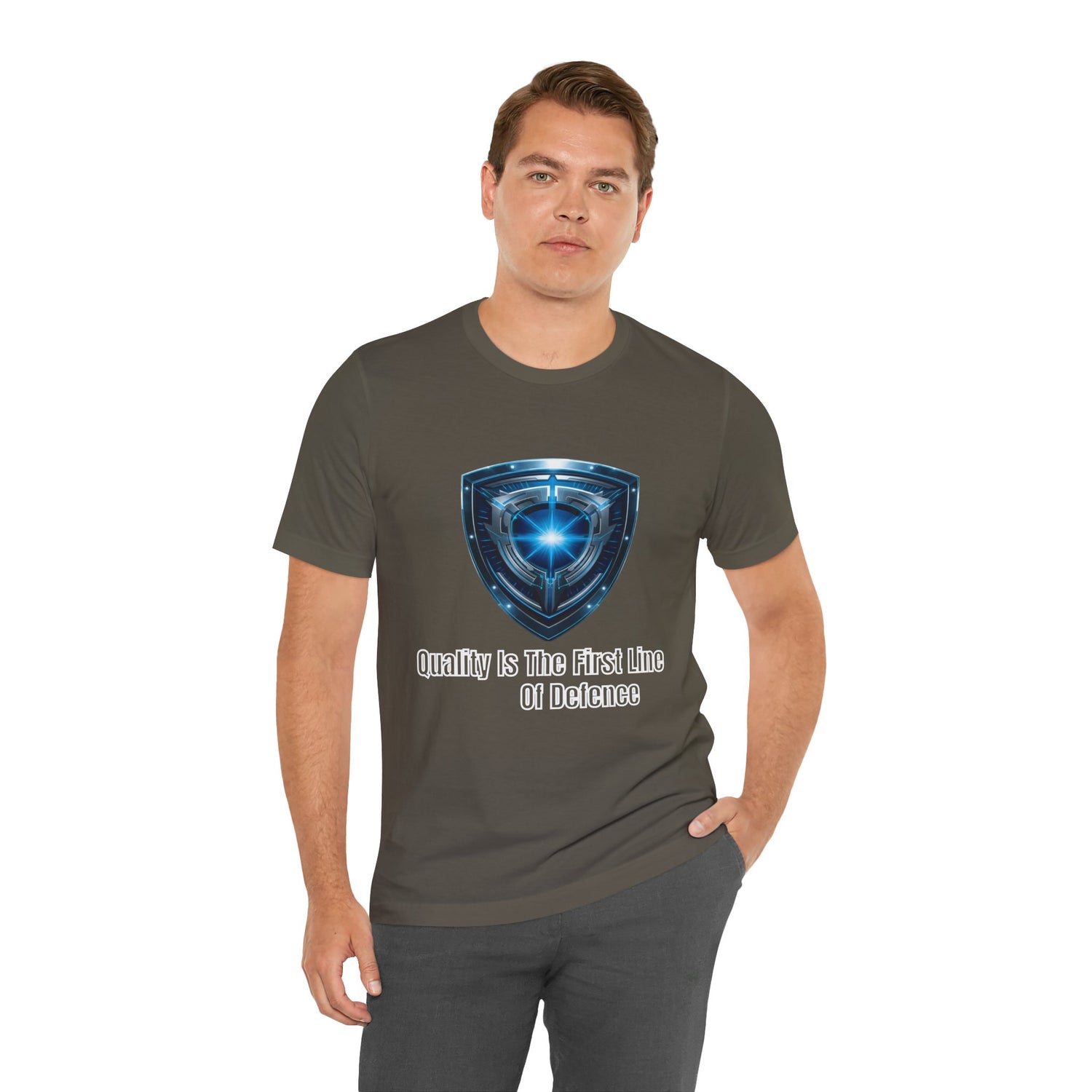 Shield Logo Tee — "Quality Is The First Line Of Defence" Security T‑Shirt