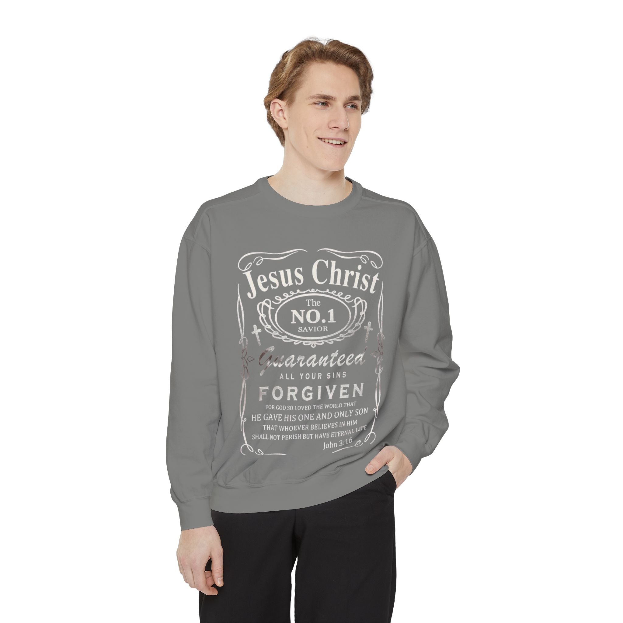 Christian Sweatshirt — “Jesus Christ No.1 Savior” Vintage Forgiven Crewneck