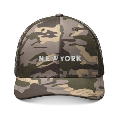 Camouflage Trucker Hat with New York Embroidery, Outdoor Cap for Hiking, Stylish Dad Hat, Adjustable Mesh Snapback, Gift for Him