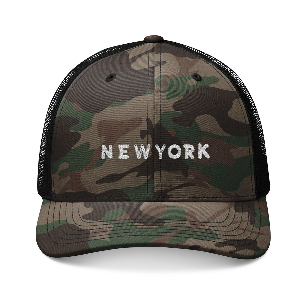 Camouflage Trucker Hat with New York Embroidery, Outdoor Cap for Hiking, Stylish Dad Hat, Adjustable Mesh Snapback, Gift for Him