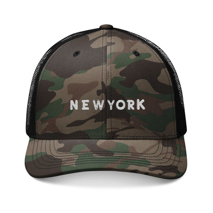 Camouflage Trucker Hat with New York Embroidery, Outdoor Cap for Hiking, Stylish Dad Hat, Adjustable Mesh Snapback, Gift for Him