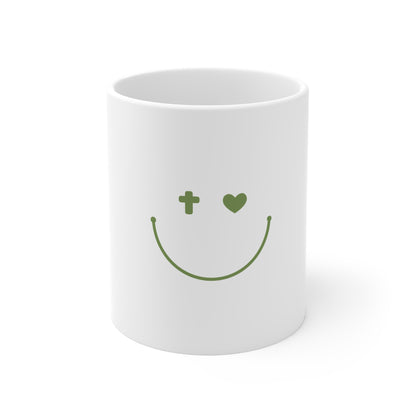 11oz Smile Mug with Heart &amp; Cross Design - Perfect for Positive Vibes and Gift Giving