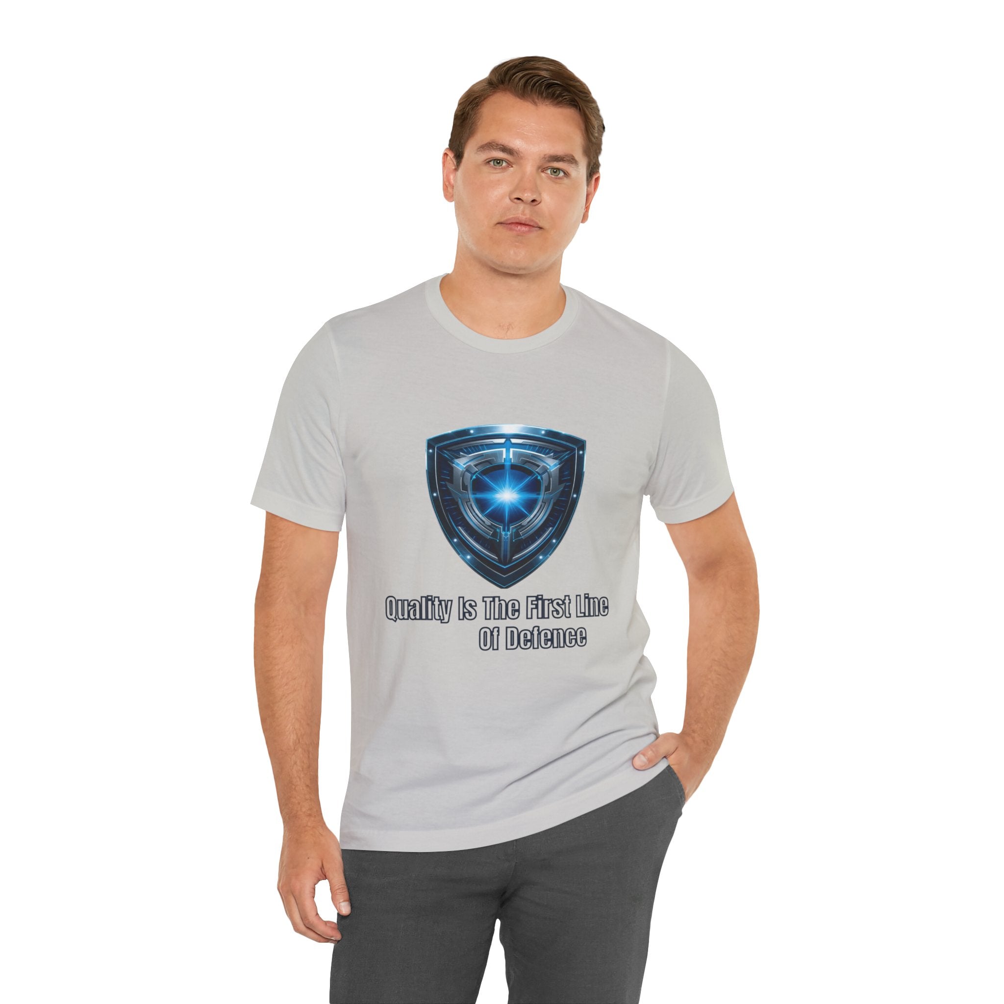 Shield Graphic Tee — "Quality Is The First Line of Defence" Protection T-Shirt
