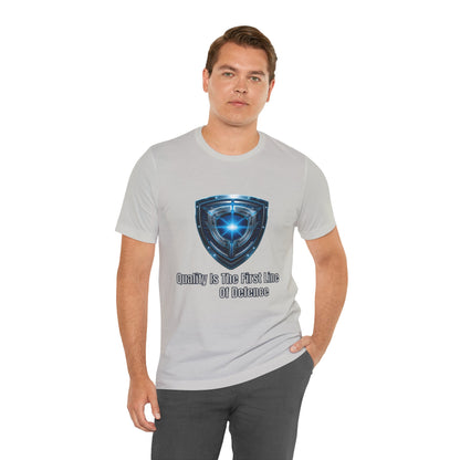 Shield Graphic Tee — "Quality Is The First Line of Defence" Protection T-Shirt