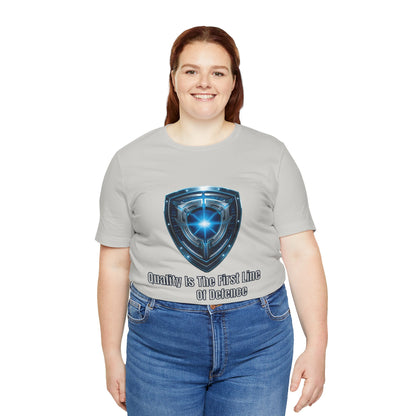 Shield Graphic Tee — "Quality Is The First Line of Defence" Protection T-Shirt