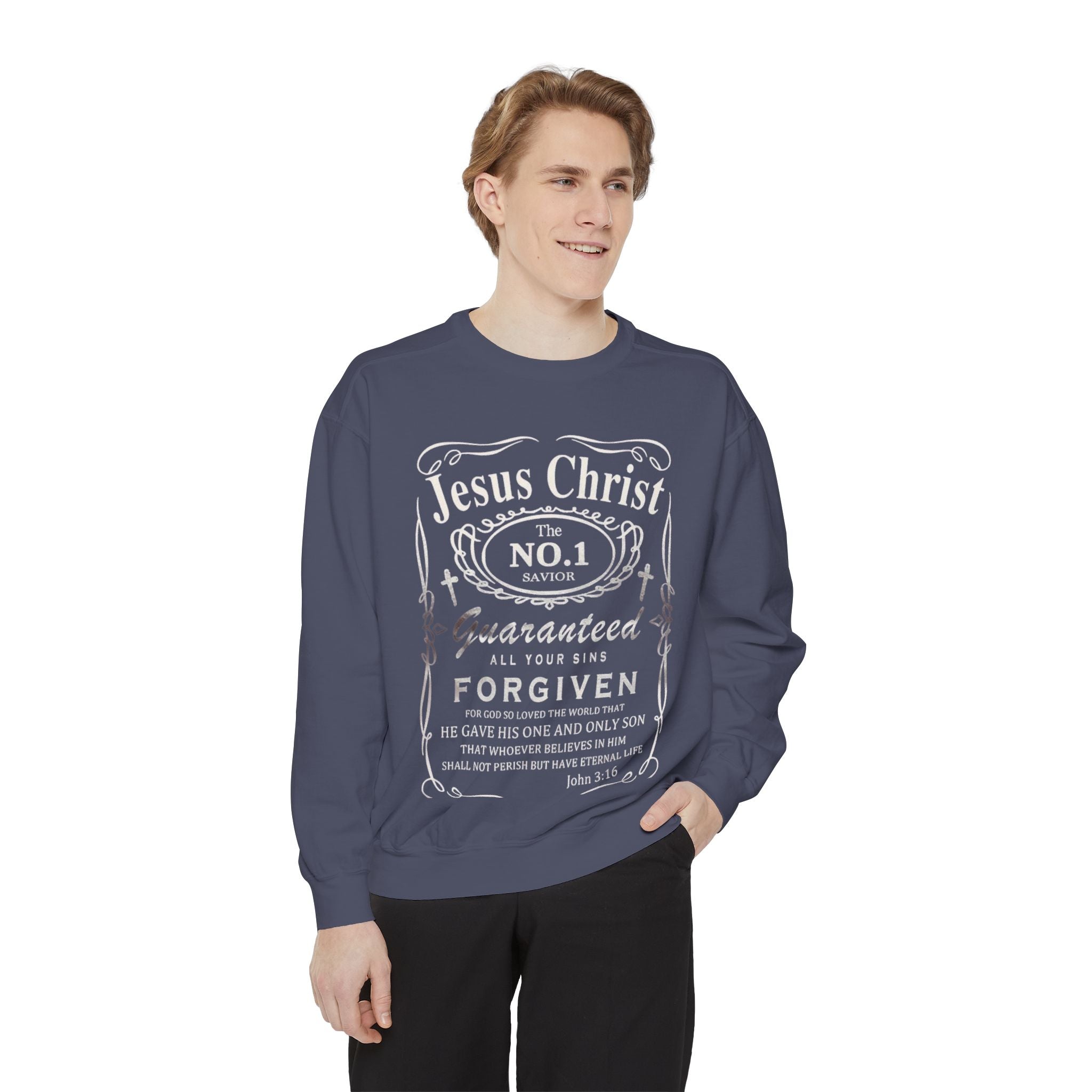 Christian Sweatshirt — “Jesus Christ No.1 Savior” Vintage Forgiven Crewneck