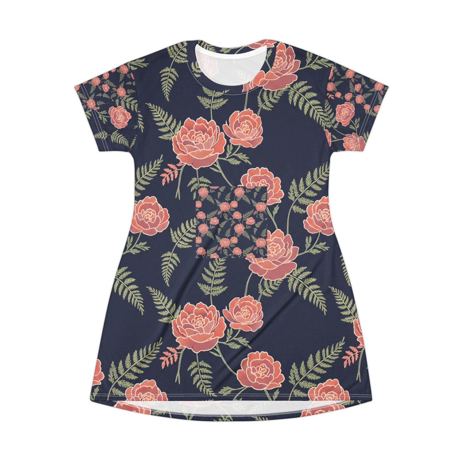 Floral Navy A-Line T-Shirt Dress – Coral Roses &amp; Ferns All-Over Print