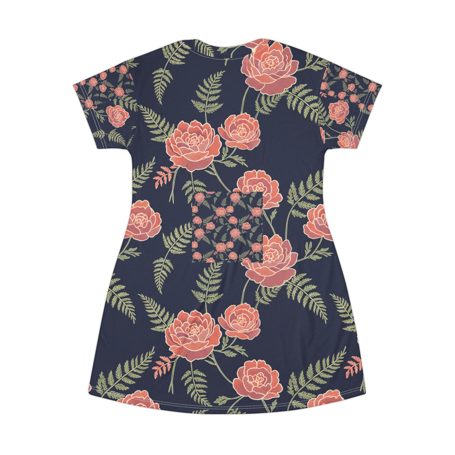 Floral Navy A-Line T-Shirt Dress – Coral Roses &amp; Ferns All-Over Print
