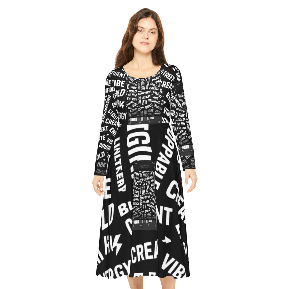 Positive Word Print Long Sleeve Dance Dress — "Create, Energy, Vibe" AOP