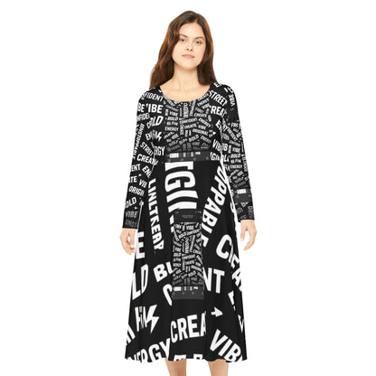 Positive Word Print Long Sleeve Dance Dress — "Create, Energy, Vibe" AOP