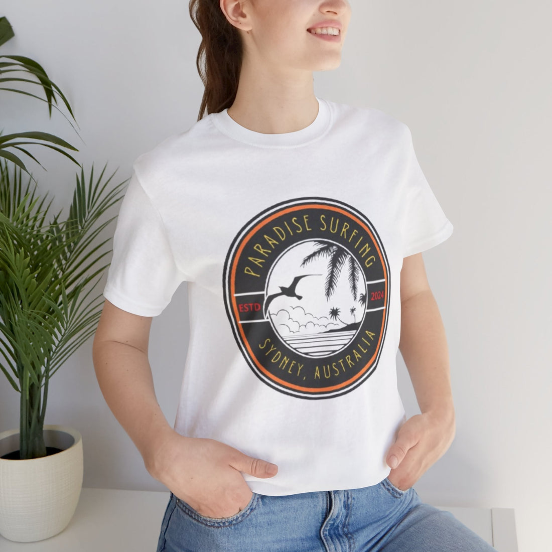 Unisex Graphic Tee - Paradise Surfing Printed Tee - Eco Jersey Shirt .