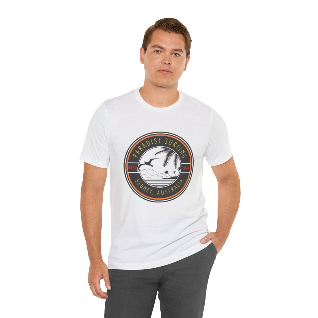 Unisex Graphic Tee - Paradise Surfing Printed Tee - Eco Jersey Shirt .