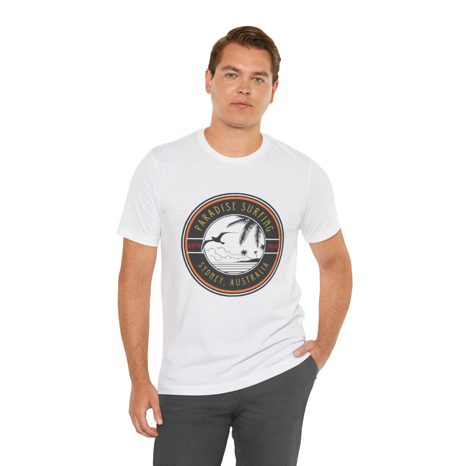 Unisex Graphic Tee - Paradise Surfing Printed Tee - Eco Jersey Shirt .