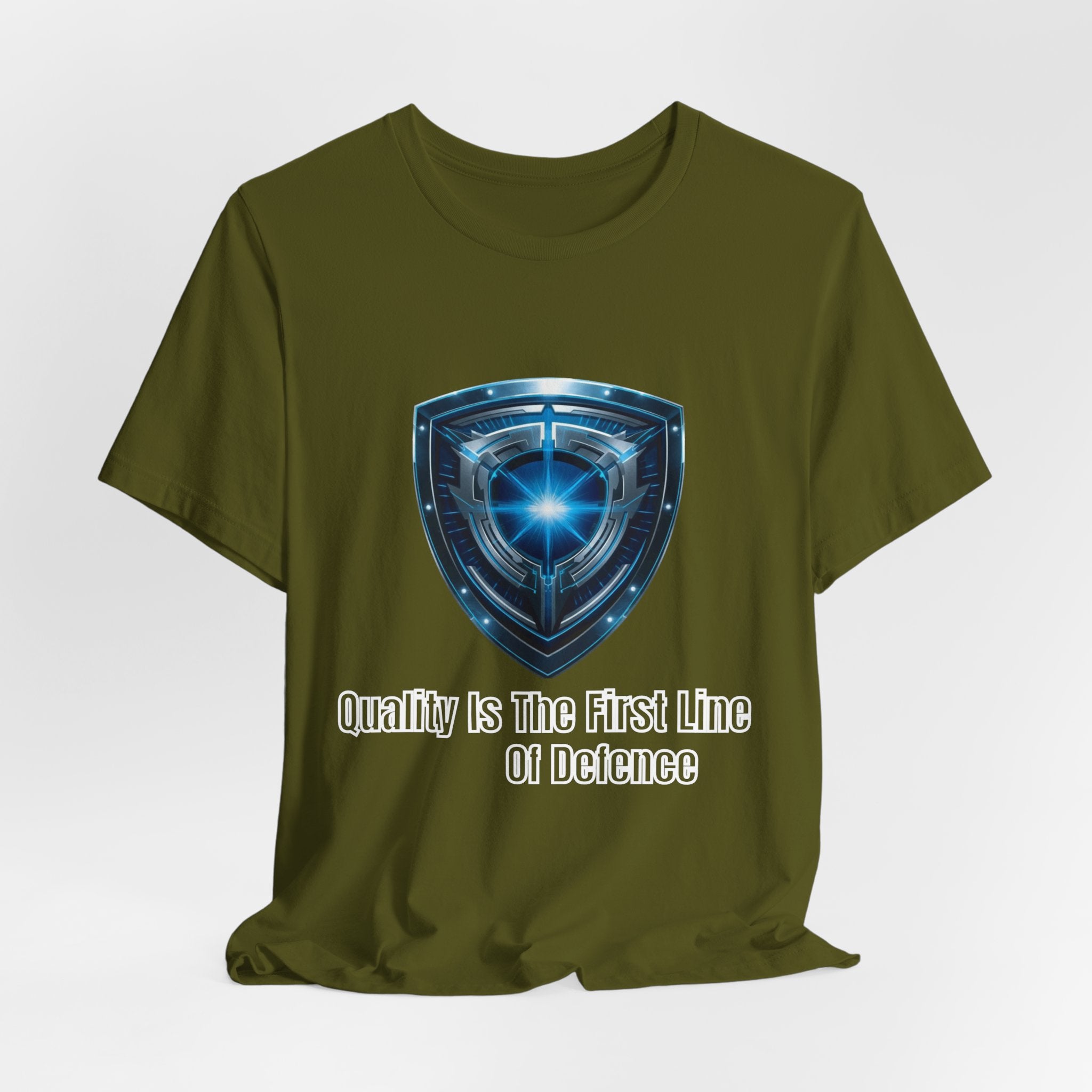 Shield Logo Tee — "Quality Is The First Line Of Defence" Security T‑Shirt