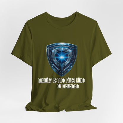 Shield Logo Tee — "Quality Is The First Line Of Defence" Security T‑Shirt