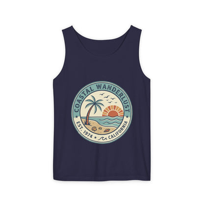 Coastal Wanderlust Tank Top — Retro Palm Beach Sunrise Graphic