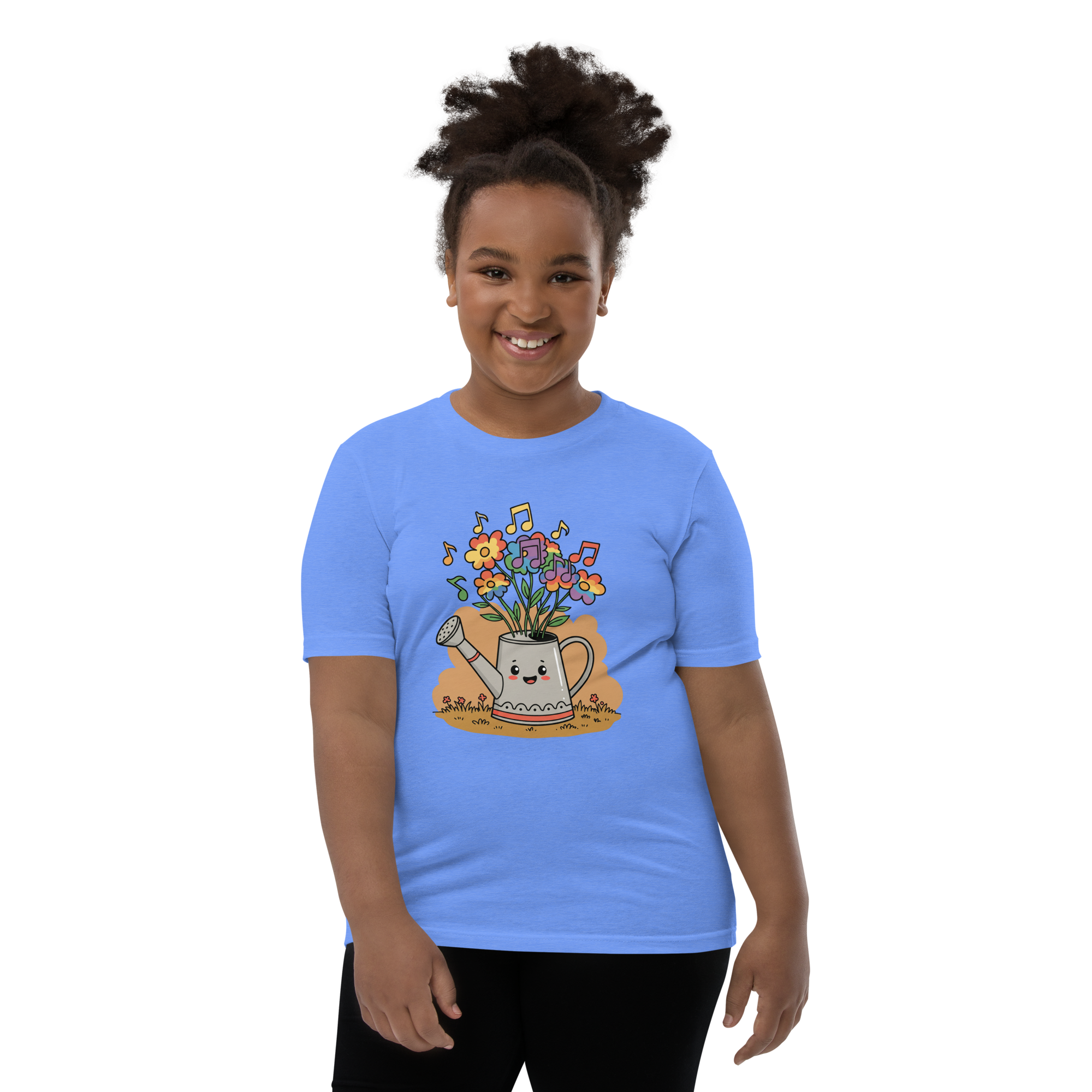Cheerful Watering Can Kids T-Shirt with Floral Design