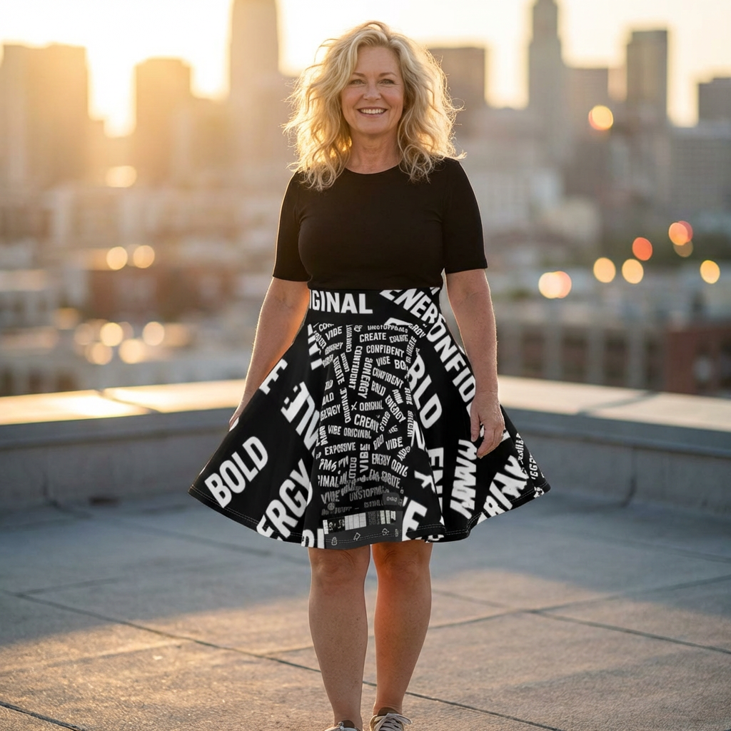 Bold Word Cloud Skater Skirt — Black &amp; White Positive Vibe AOP