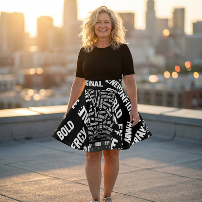 Bold Word Cloud Skater Skirt — Black &amp; White Positive Vibe AOP
