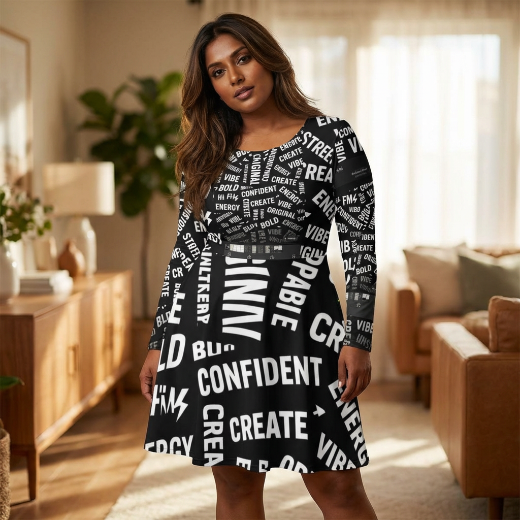 Positive Word Print Long Sleeve Dance Dress — "Create, Energy, Vibe" AOP