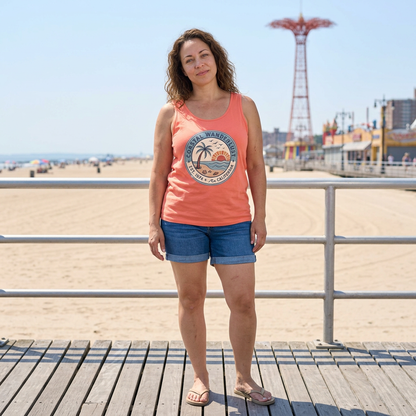 Coastal Wanderlust Tank Top — Retro Palm Beach Sunrise Graphic