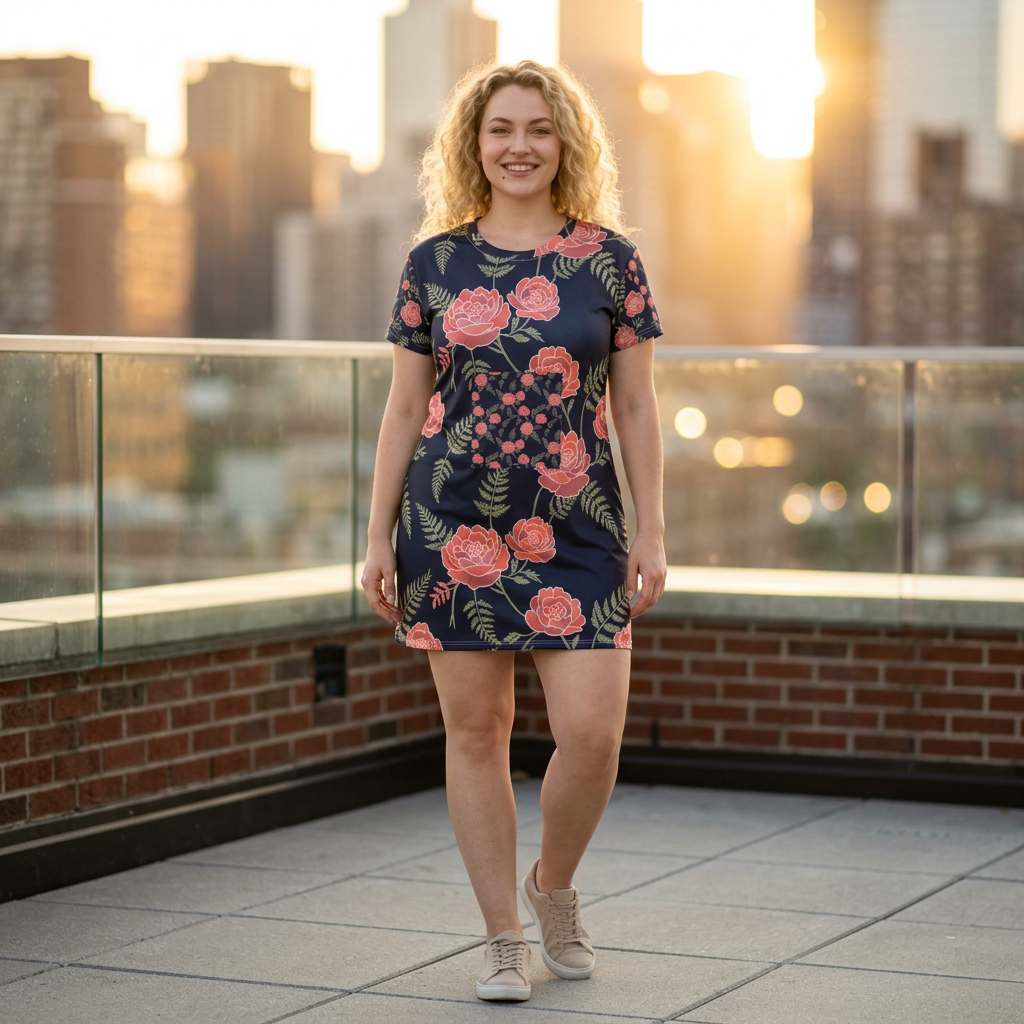 Navy Coral Rose A-Line T-Shirt Dress — All-Over Floral Print