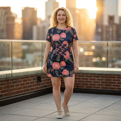 Navy Coral Rose A-Line T-Shirt Dress — All-Over Floral Print