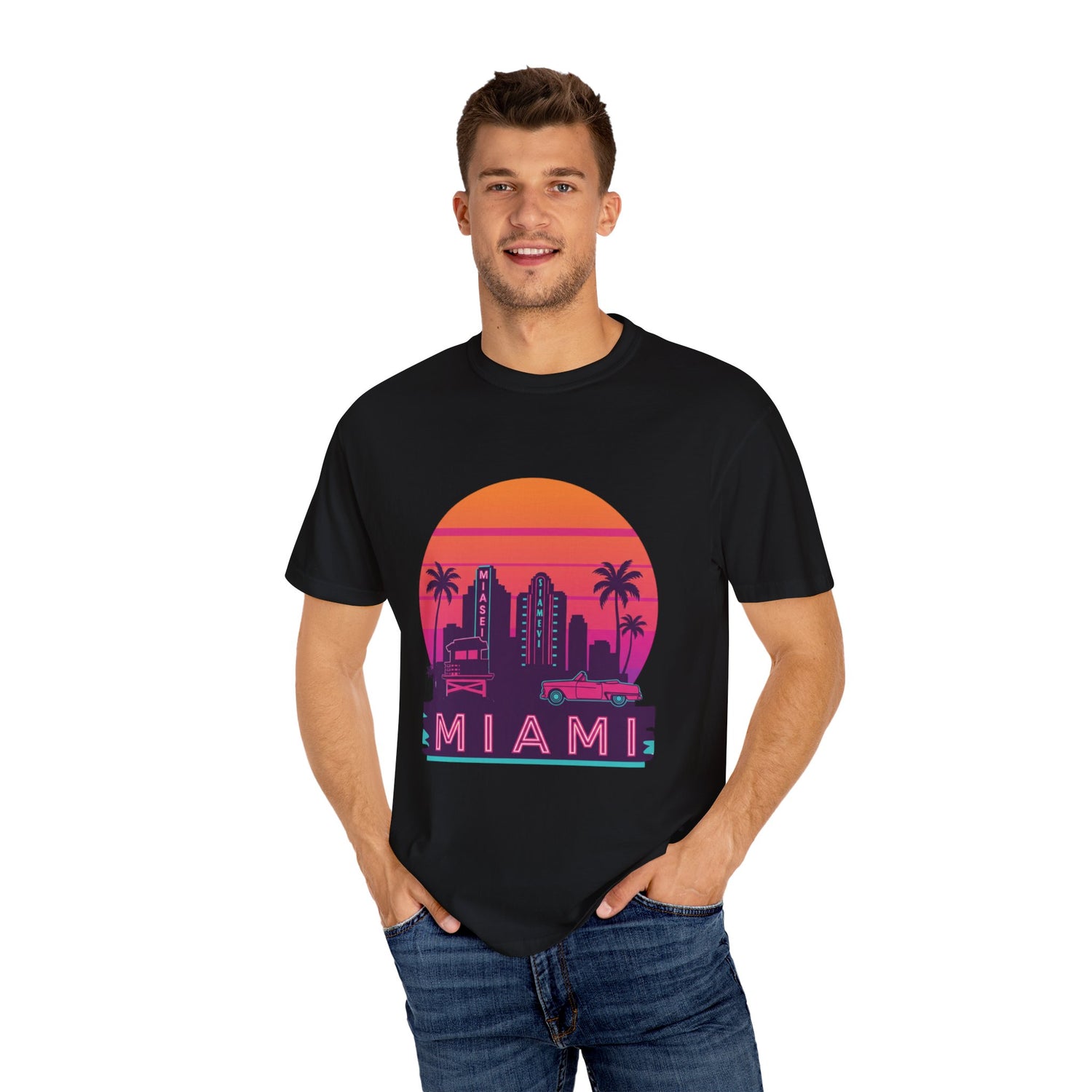 Miami Sunset Unisex T-shirt, Beachwear, Vacation Shirt, Summer Outfit, Travel Gift, Casual Streetwear