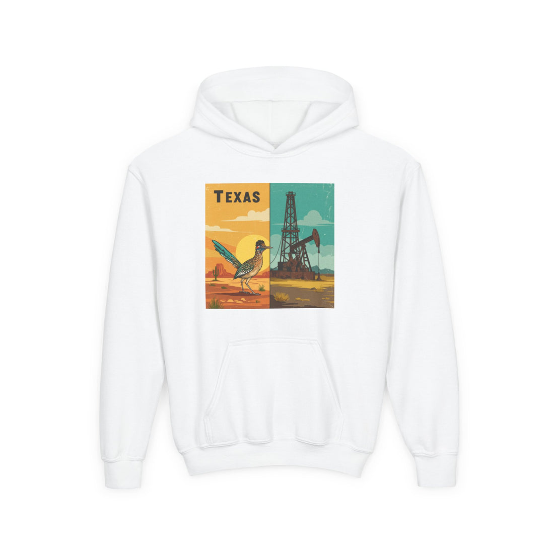 Vintage Texas Youth Hoodie — Roadrunner &amp; Oilfield Sunset Sweatshirt