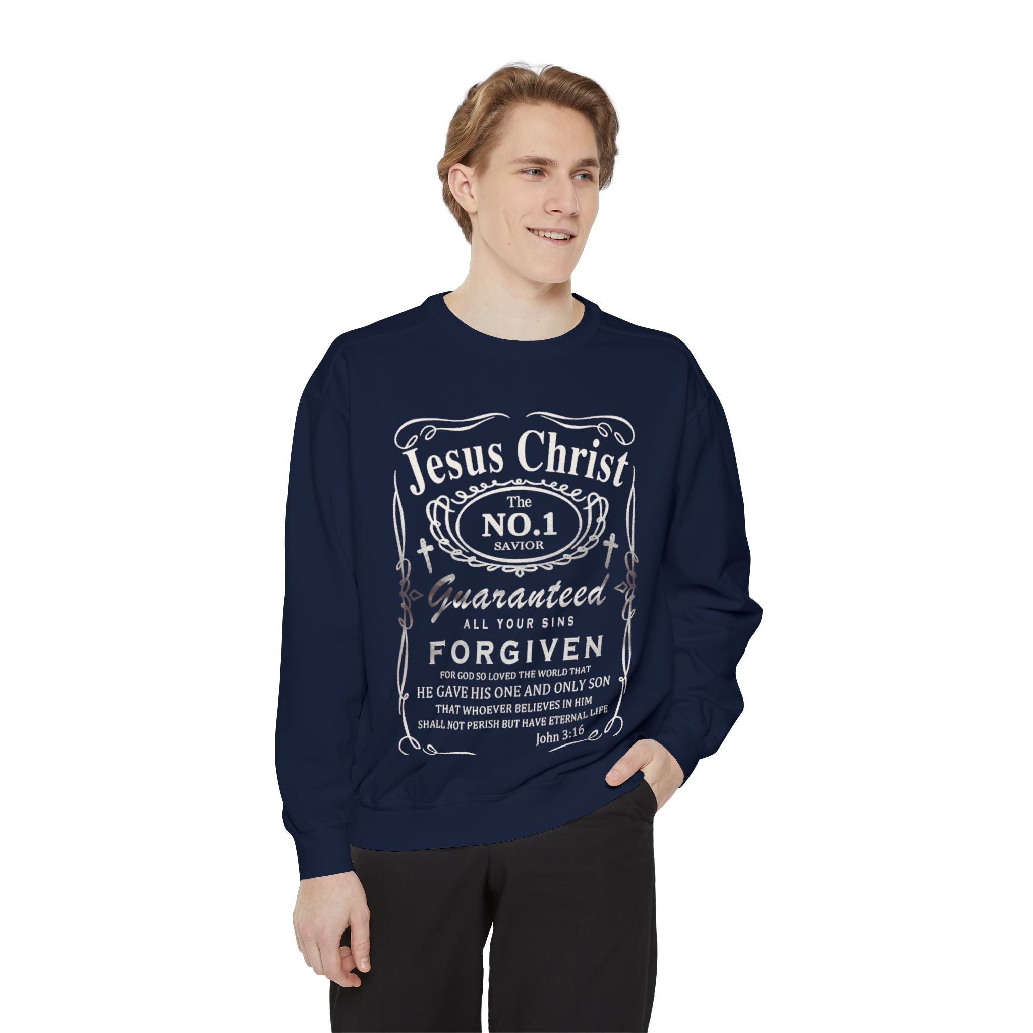 Christian Sweatshirt — “Jesus Christ No.1 Savior” Vintage Forgiven Crewneck