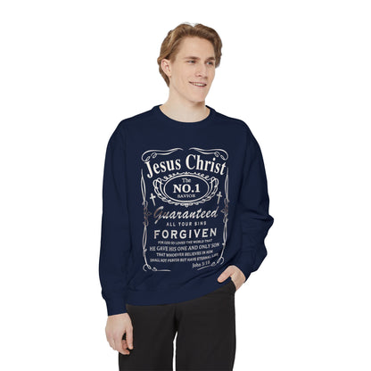 Christian Sweatshirt — “Jesus Christ No.1 Savior” Vintage Forgiven Crewneck