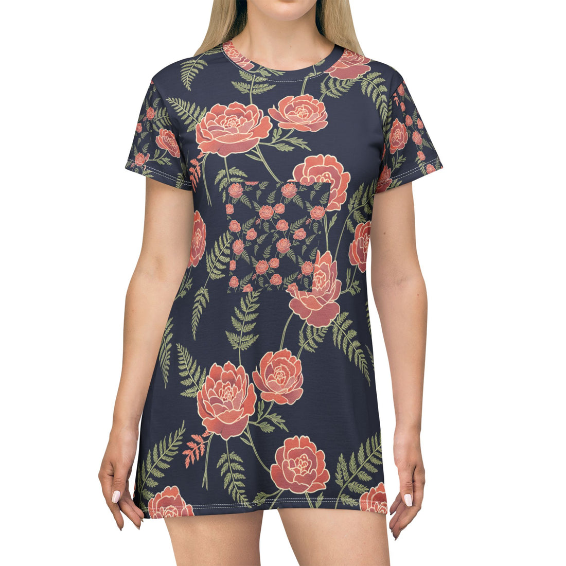 Floral Navy A-Line T-Shirt Dress – Coral Roses & Ferns All-Over Print