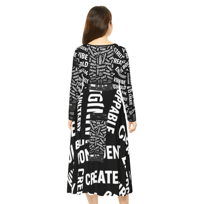 Positive Word Print Long Sleeve Dance Dress — "Create, Energy, Vibe" AOP