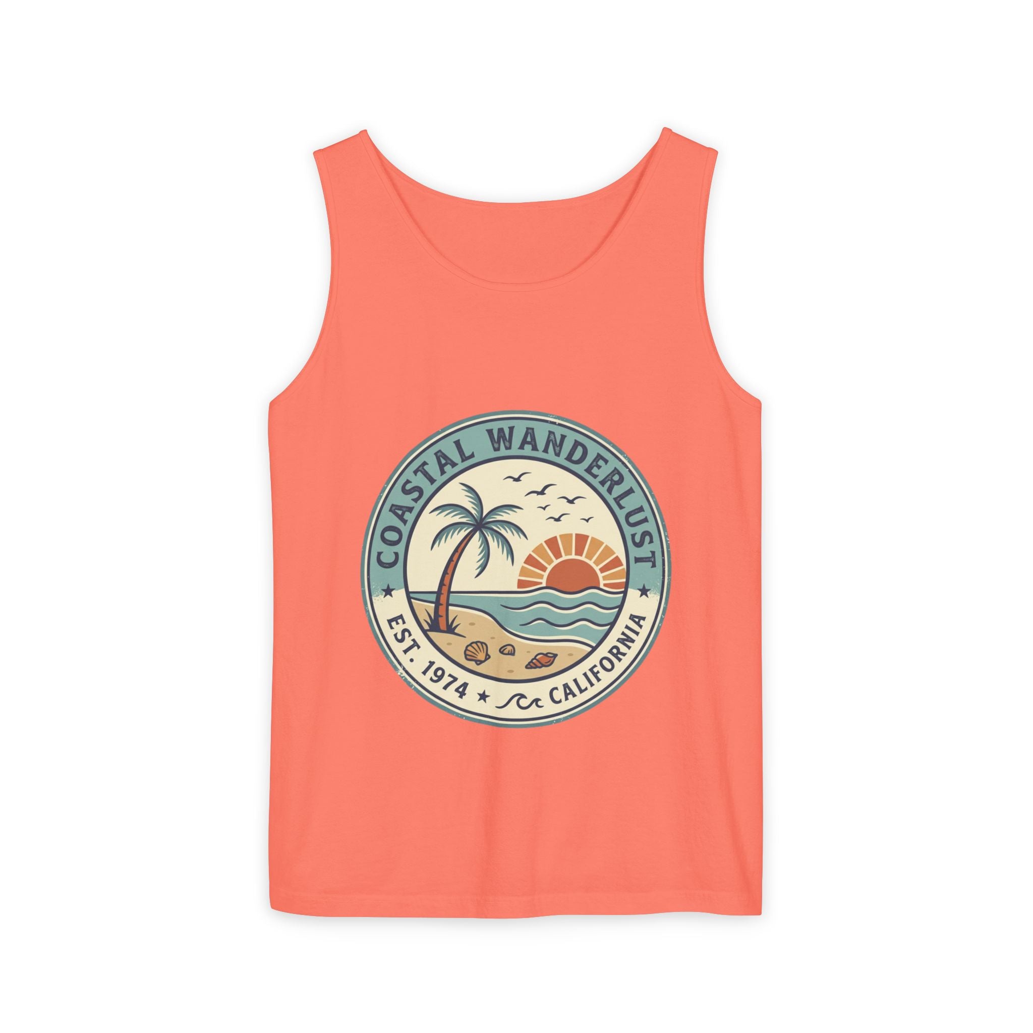 Coastal Wanderlust Tank Top — Retro Palm Beach Sunrise Graphic