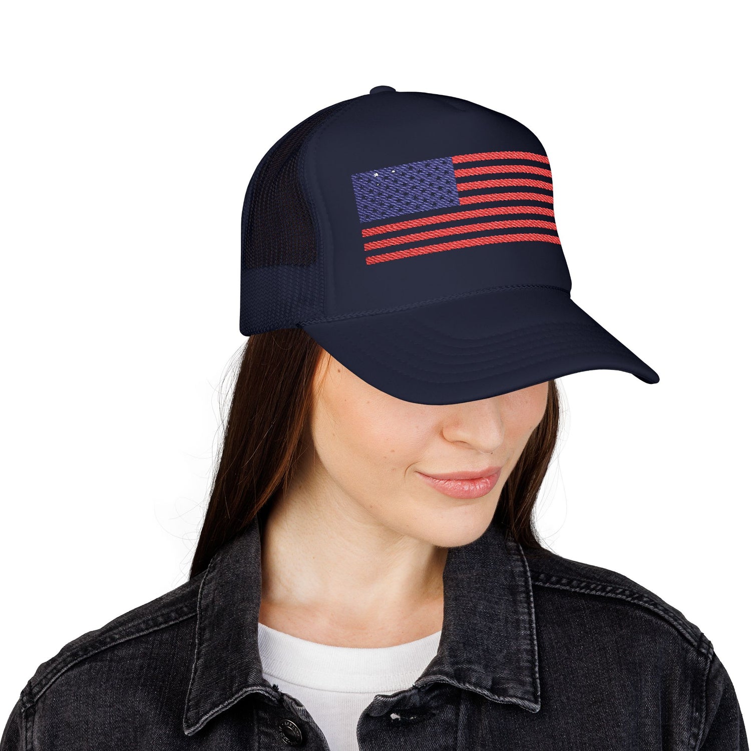 Patriotic Foam Trucker Hat, USA Flag Baseball Cap, Embroidered Red Hat.