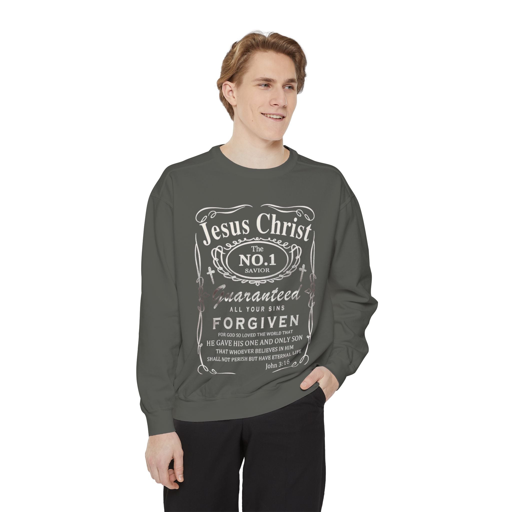 Christian Sweatshirt — “Jesus Christ No.1 Savior” Vintage Forgiven Crewneck