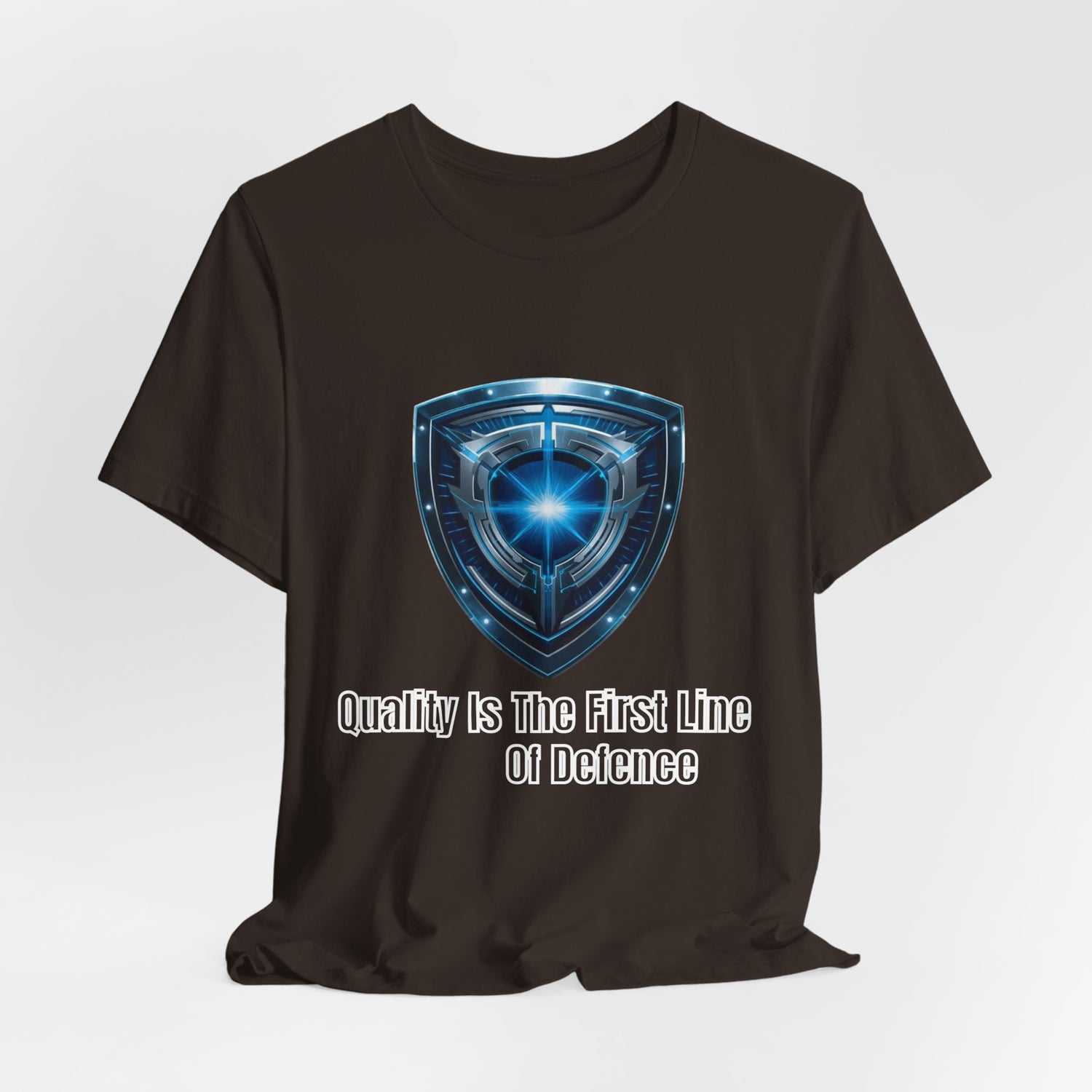 Shield Logo Tee — "Quality Is The First Line Of Defence" Security T‑Shirt
