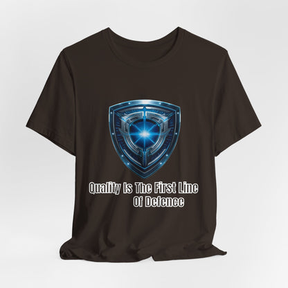 Shield Logo Tee — "Quality Is The First Line Of Defence" Security T‑Shirt