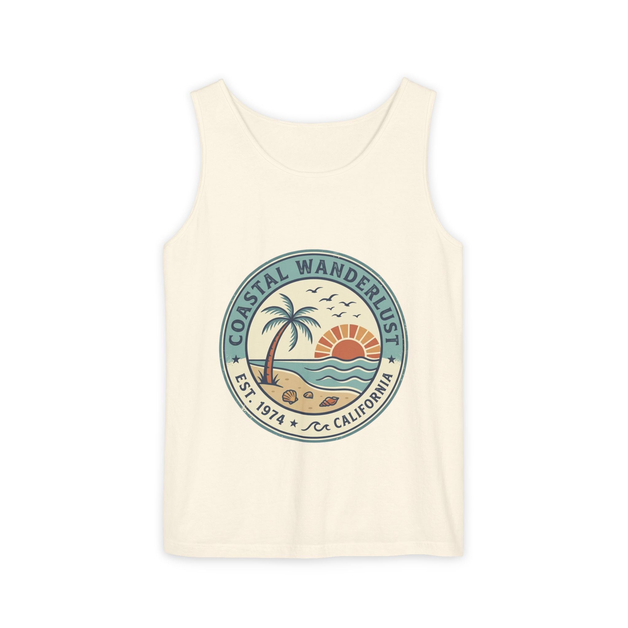 Coastal Wanderlust Tank Top — Retro Palm Beach Sunrise Graphic