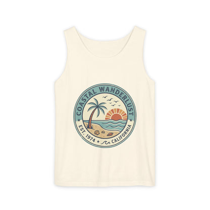 Coastal Wanderlust Tank Top — Retro Palm Beach Sunrise Graphic