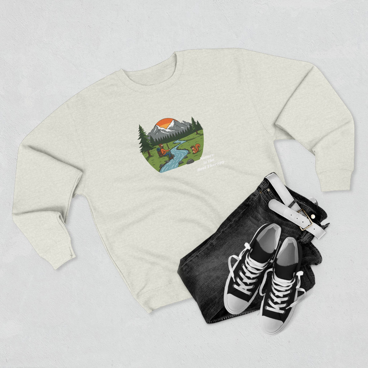Scenic Mountain River Crewneck — Sunrise Wilderness Sweatshirt