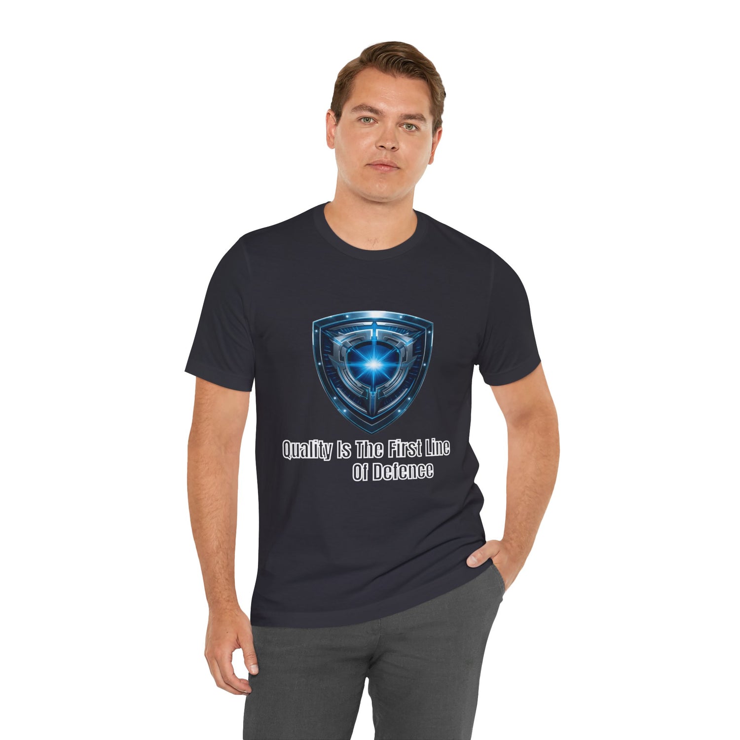 Shield Logo Tee — "Quality Is The First Line Of Defence" Security T‑Shirt