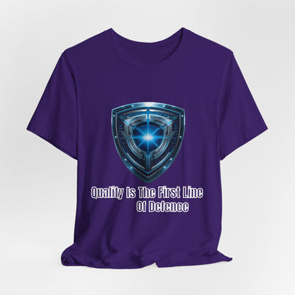 Shield Logo Tee — "Quality Is The First Line Of Defence" Security T‑Shirt