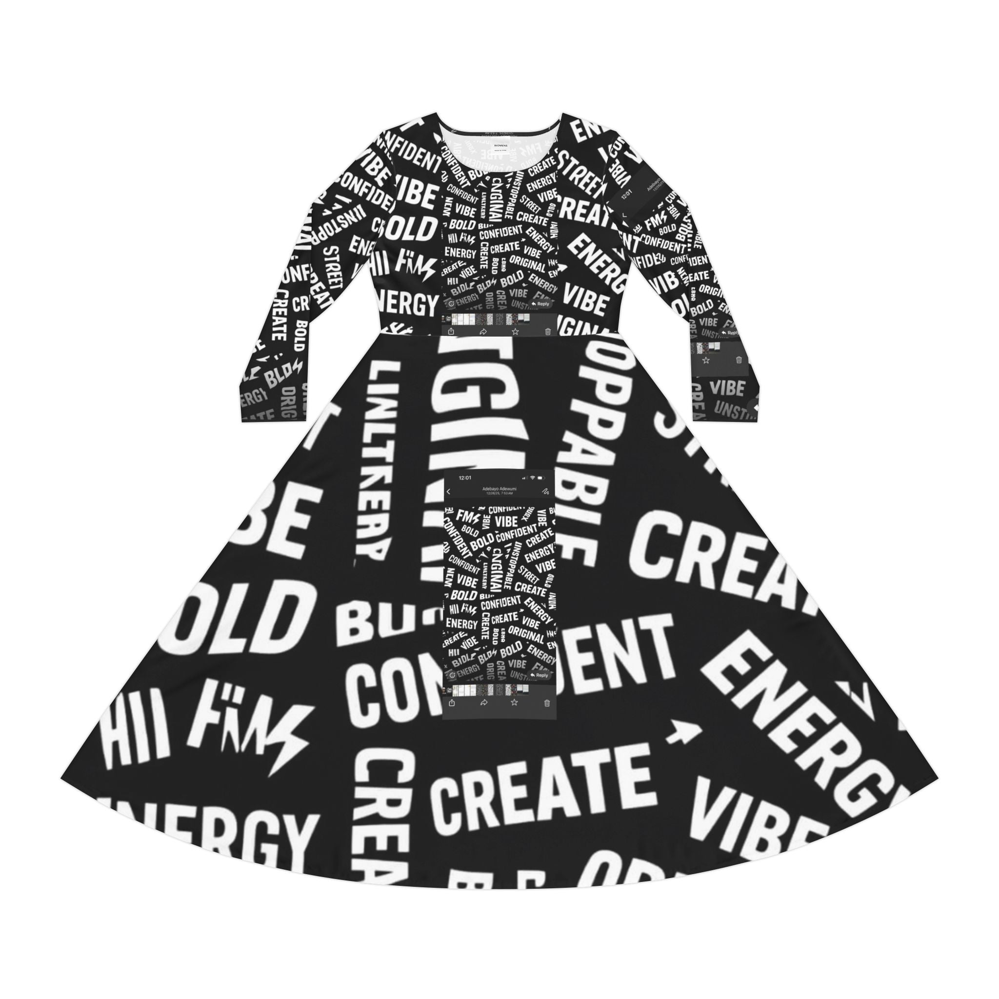 Positive Word Print Long Sleeve Dance Dress — "Create, Energy, Vibe" AOP