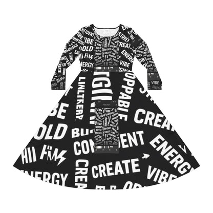 Positive Word Print Long Sleeve Dance Dress — "Create, Energy, Vibe" AOP