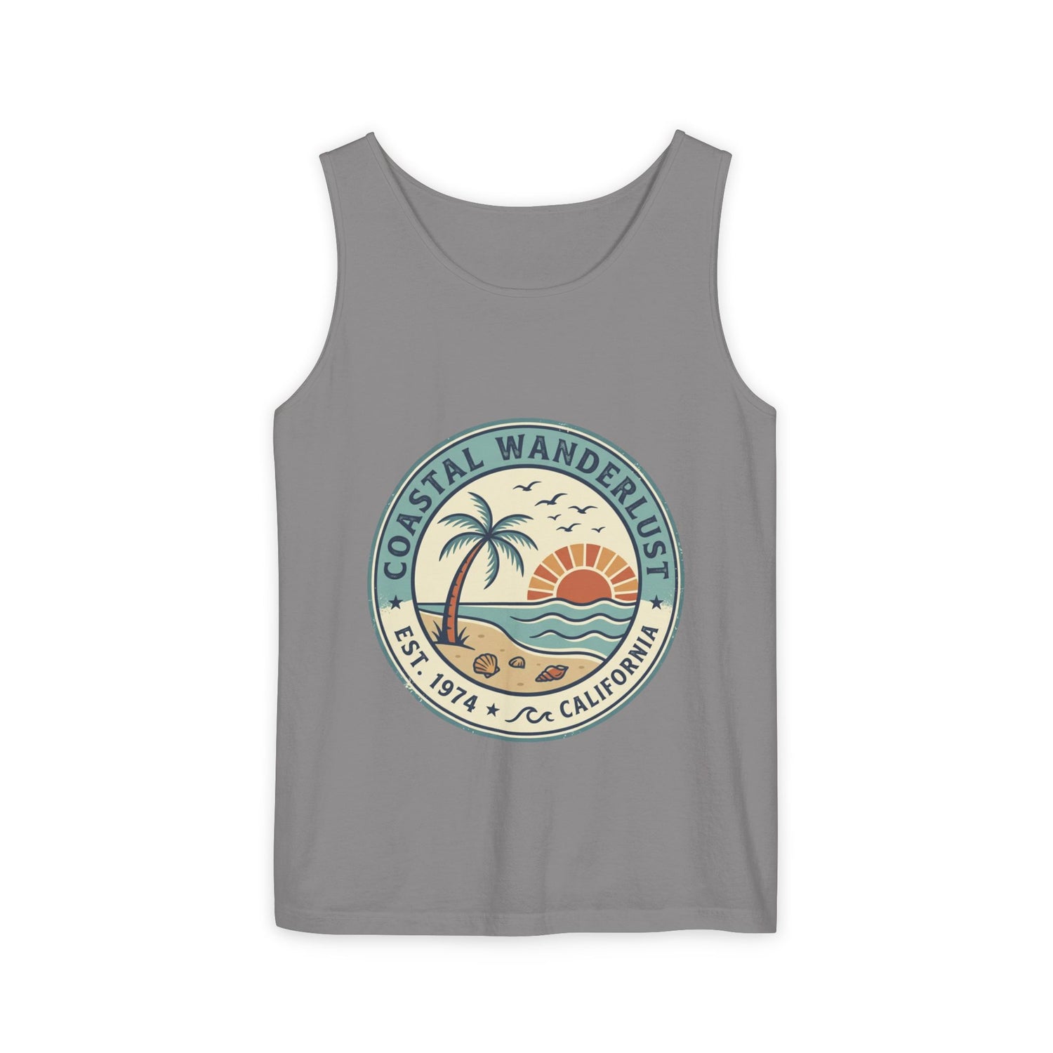Coastal Wanderlust Tank Top — Retro Palm Beach Sunrise Graphic