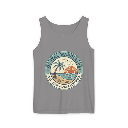 Coastal Wanderlust Tank Top — Retro Palm Beach Sunrise Graphic